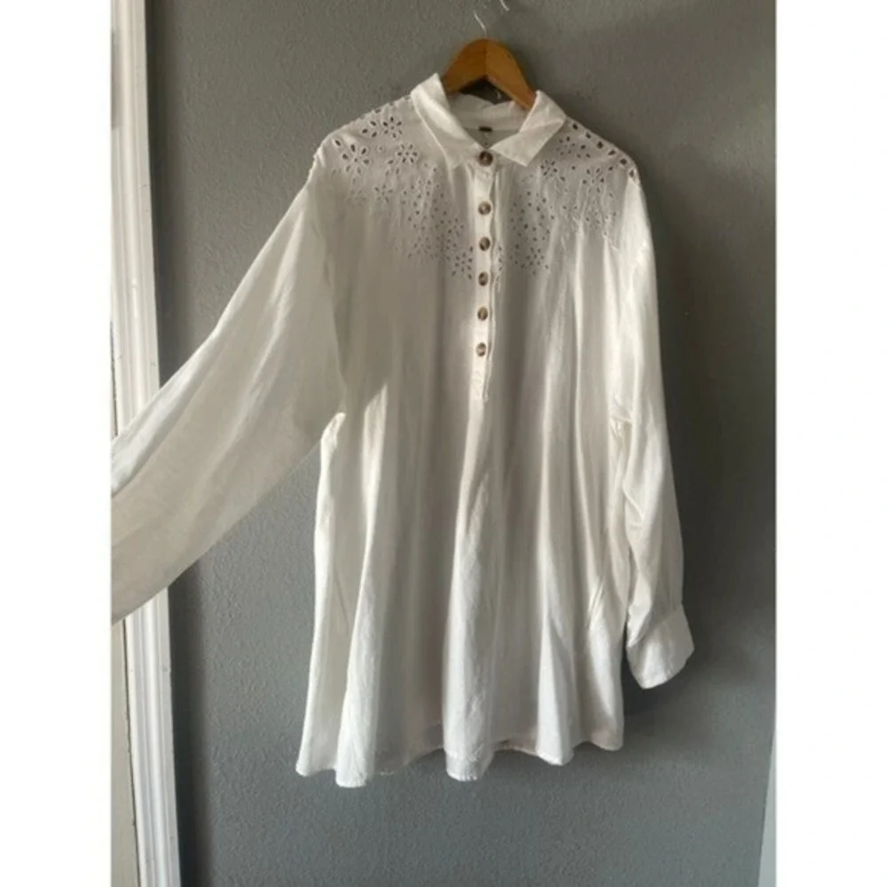 FREE PEOPLE Vera Shirtdress Eyelet Embroidered Linen Blend Ivory White